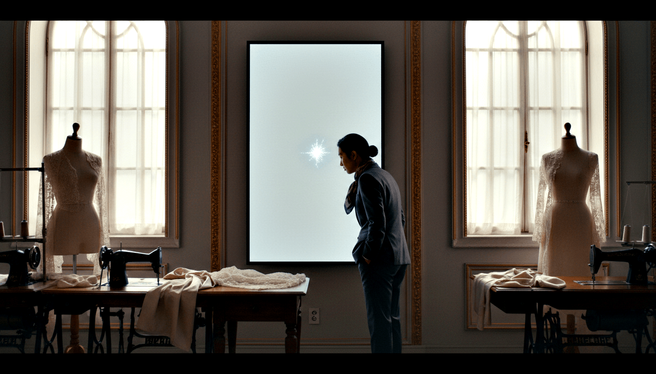 Person in dark blazer stands in profile before illuminated screen with starburst light, flanked by gold-framed windows and lace mannequins.