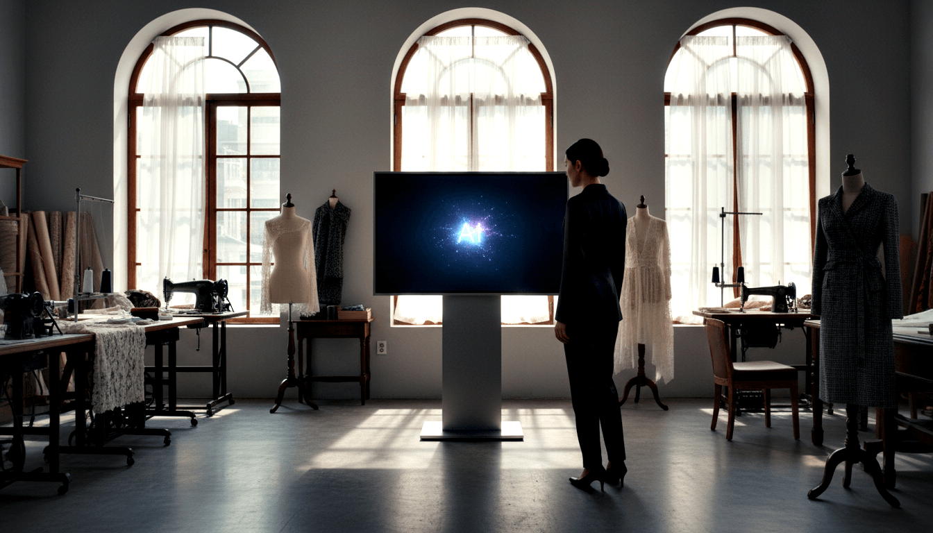 Person in dark suit with hair in bun, back to camera, faces a glowing 'AI' screen on white pedestal in a symmetrical room with arched windows.