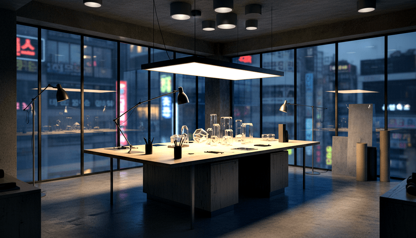 CGI minimalist wooden table lit by LED panel, flanked by black floor lamps, with neon cityscape through glass walls.