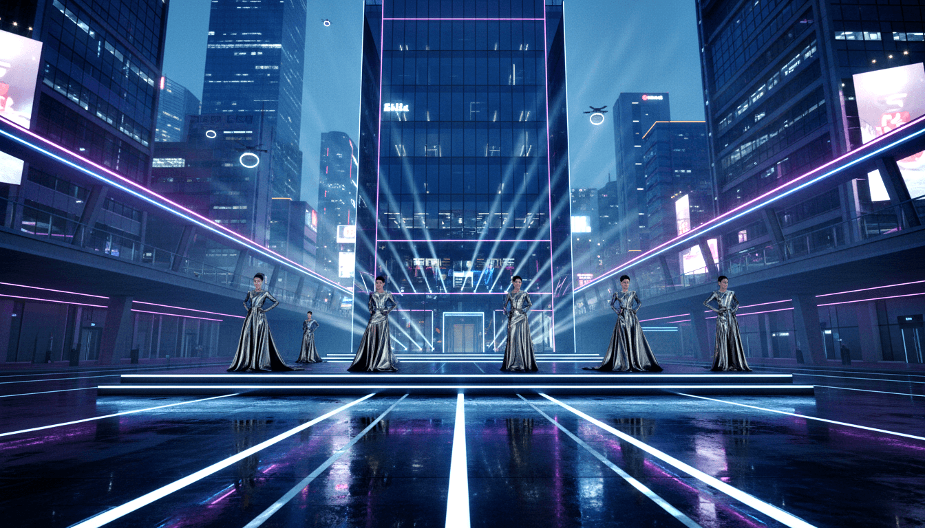 CGI nighttime cityscape with glass skyscrapers and neon purple lights; five or six figures in silver metallic gowns stand on elevated runway.