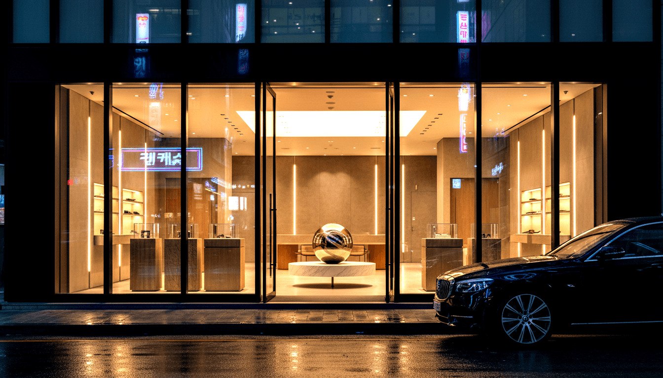 Retail storefront at night with large polished gold sphere on white marble pedestal, warm amber lighting, Hangul neon signs reflected in glass.
