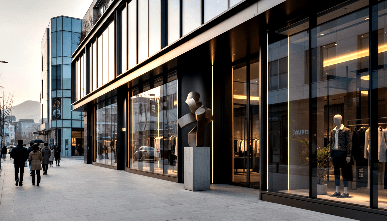 Retail building with charcoal panels, glass storefronts, amber interior lighting, and a bronze twisted ribbon sculpture at entrance.