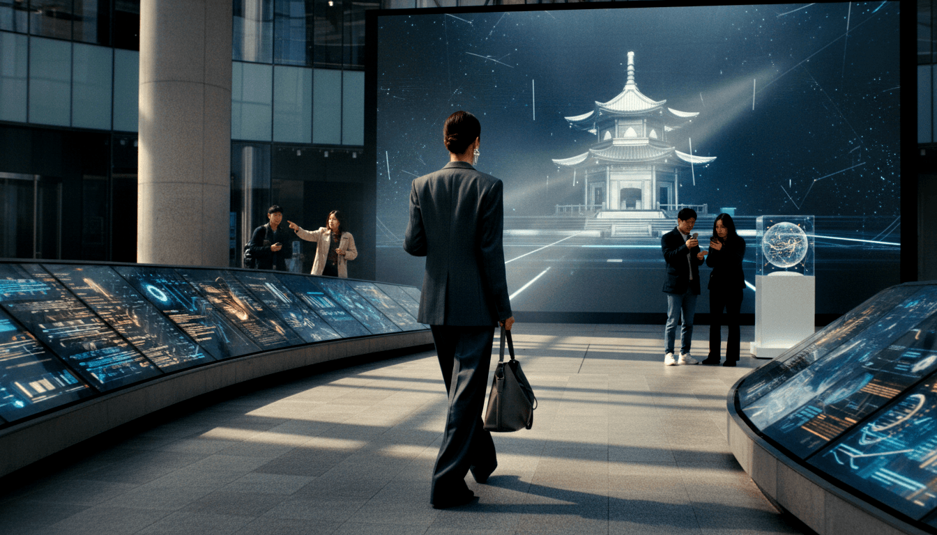 Woman in dark blazer walks away through blue-lit exhibition hall toward massive LED screen displaying a glowing holographic pagoda.