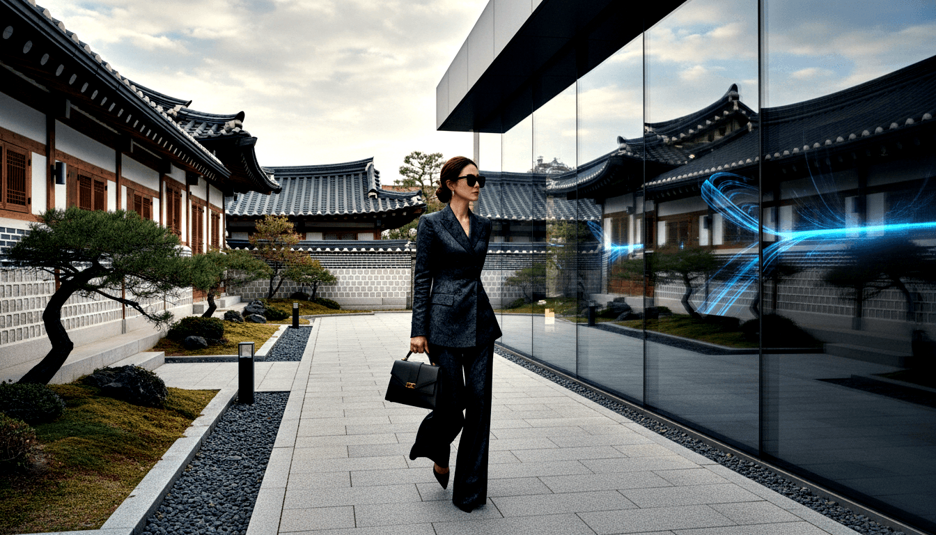 Woman in navy blazer and wide-leg trousers carries dark leather briefcase with gold hardware across a grey stone courtyard.