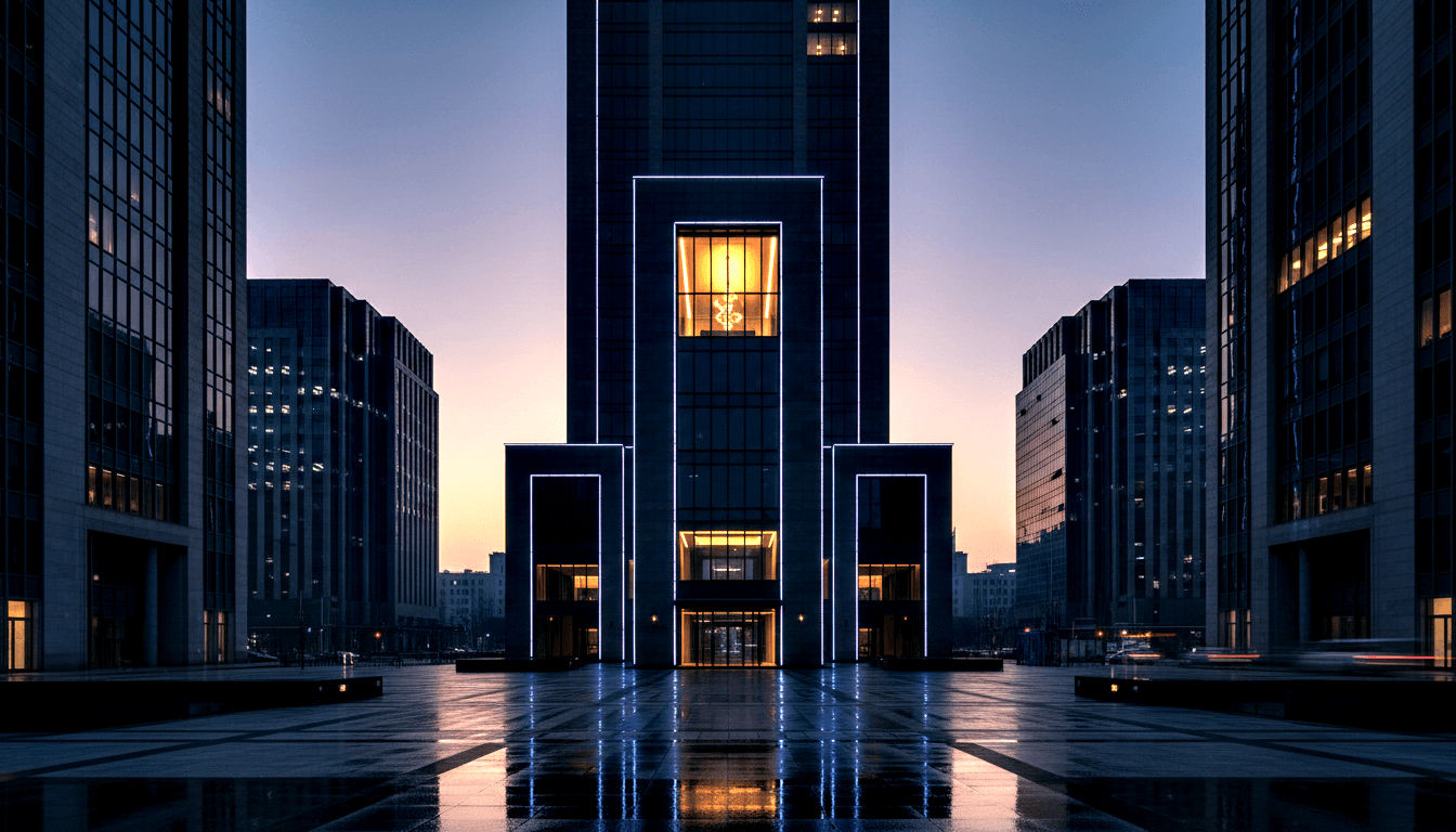 Symmetrical gateway complex, amber-lit glass panels and blue LED portals reflected in wet plaza at twilight.