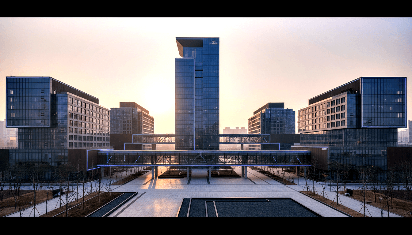 Glass tower flanked by cantilevered cube buildings, blue LED bridge, geometric plaza, bare trees, golden-hour backlight.