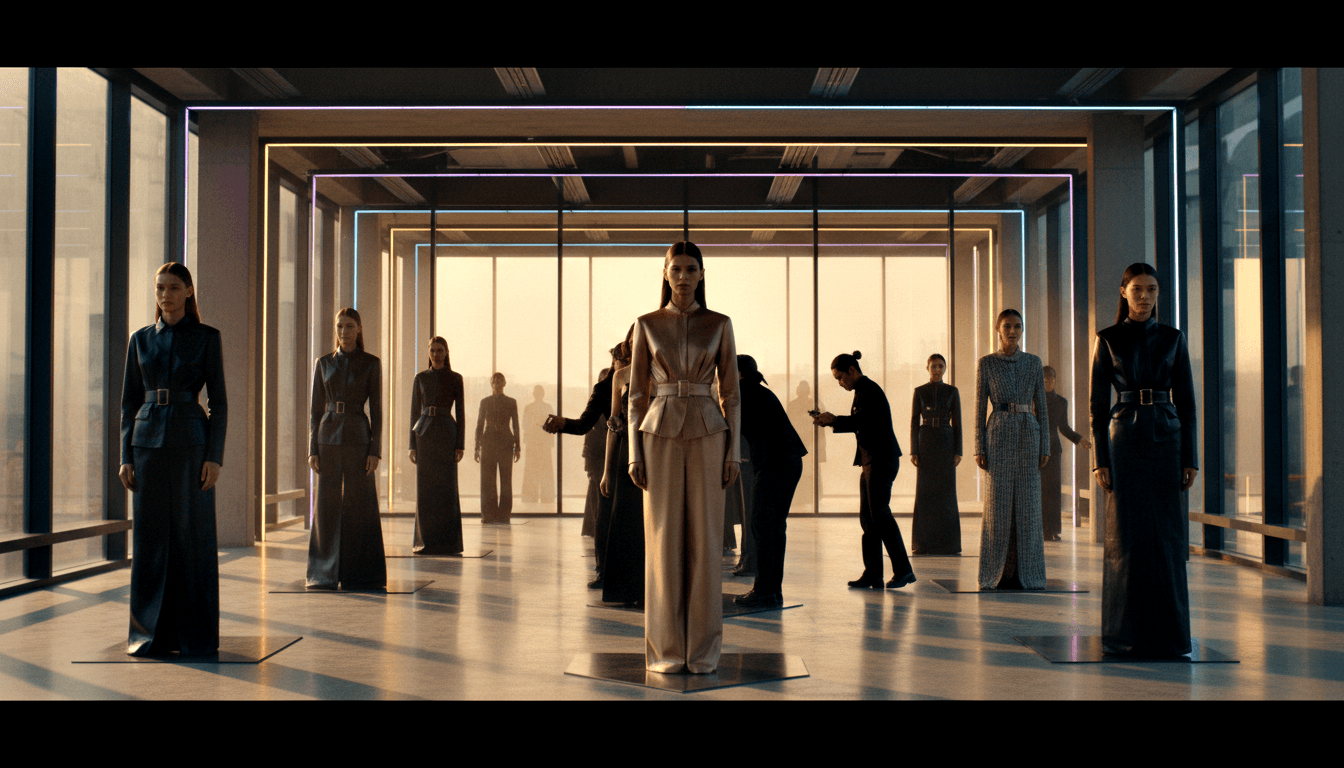 10–12 models in charcoal/navy suits converge under blue-purple neon frames in a vast glass-walled modernist interior.