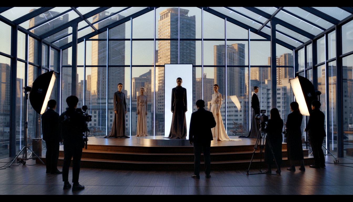 Models in long gowns on circular wooden stage in glass atrium, central figure backlit, crew and softboxes in foreground.