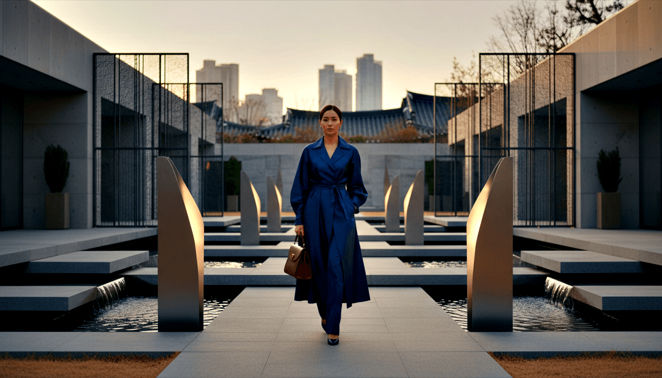 Woman in navy trench coat and trousers carries burgundy bag along pathway with reflecting pools and amber-lit pillars at dusk.