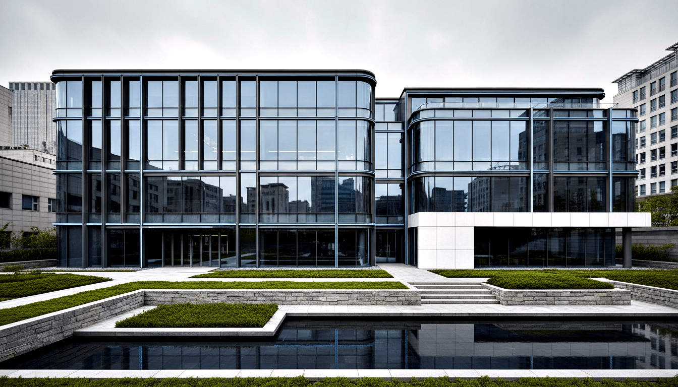 Modern dark charcoal glass curtain-wall building, curved corners, two connected volumes, reflective pool and clipped hedges in forecourt.
