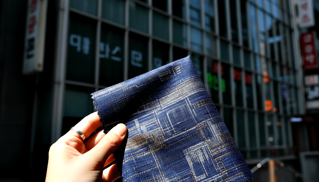 Hand with dark ring holding a small woven plaid swatch in navy, gold-bronze, and silver-white threads before a blurred glass-and-steel building.