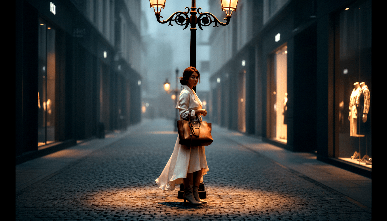 Woman in cream dress and blazer carries brown leather tote beside glowing cast-iron lamp on foggy cobblestone street.