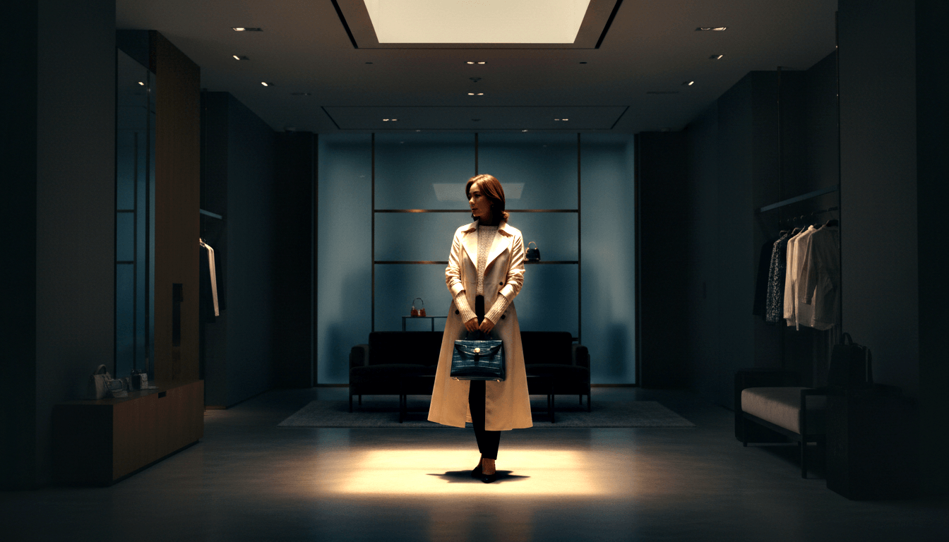 Woman in cream trench coat holding a teal crocodile-textured handbag, standing under a spotlight in a dimly lit boutique.