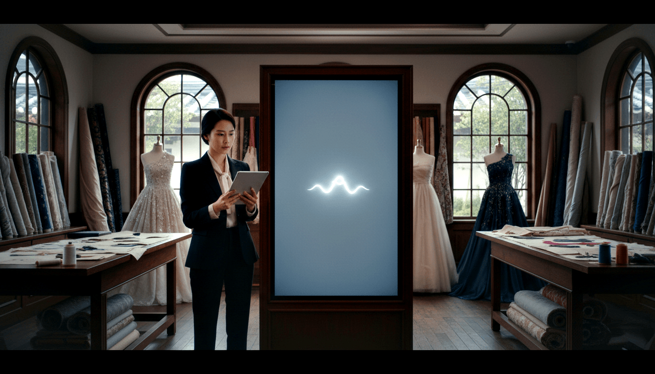 Dark-haired woman in navy blazer holds tablet beside a large screen showing a glowing sine waveform, flanked by two mannequins in formal gowns.