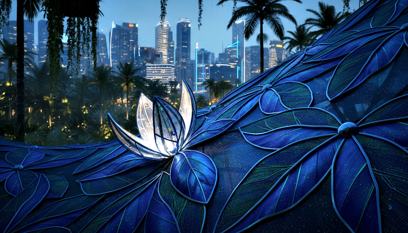 Iridescent teal relief panels with embossed flowers, glowing white lotus left-of-center, night skyline with palms upper-left.