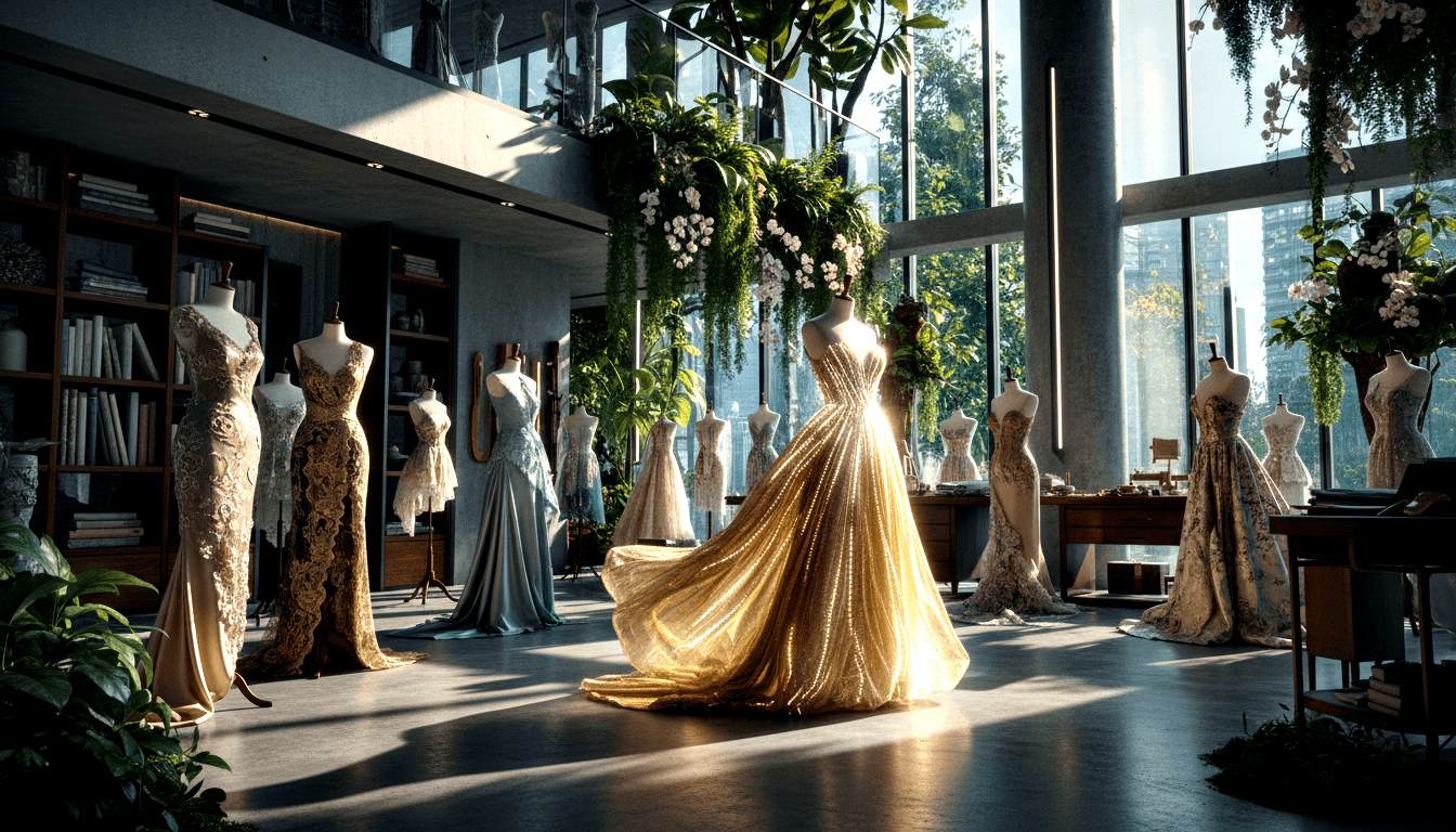 CGI studio with headless mannequins in formal gowns; glowing central gold ball gown flanked by champagne, dusty blue, and beige gowns.