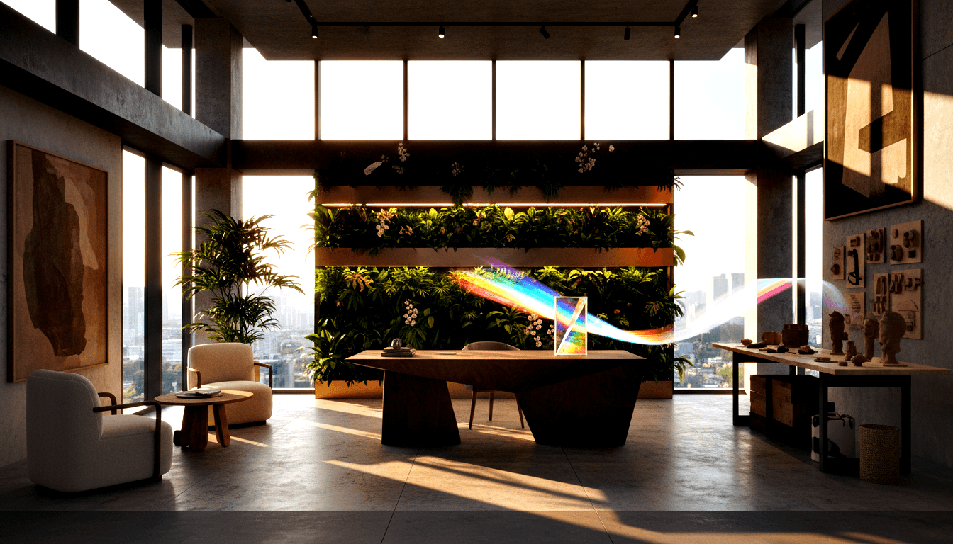 CGI loft interior with angular wooden desk, glass prism casting rainbow arc, living green wall with flowers, and cityscape windows.