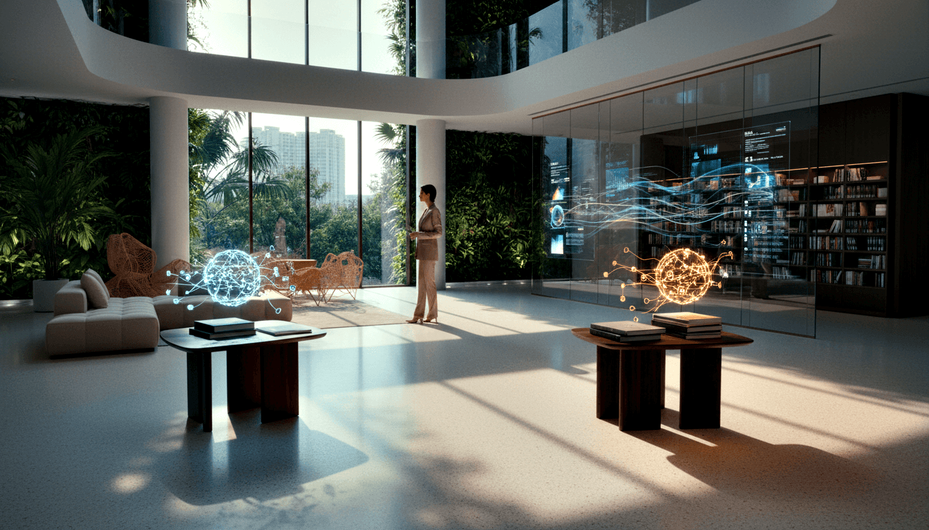 CGI interior: plant wall, glass bookshelf, two tables with cyan and amber holographic orbs, woman in cream near windows.