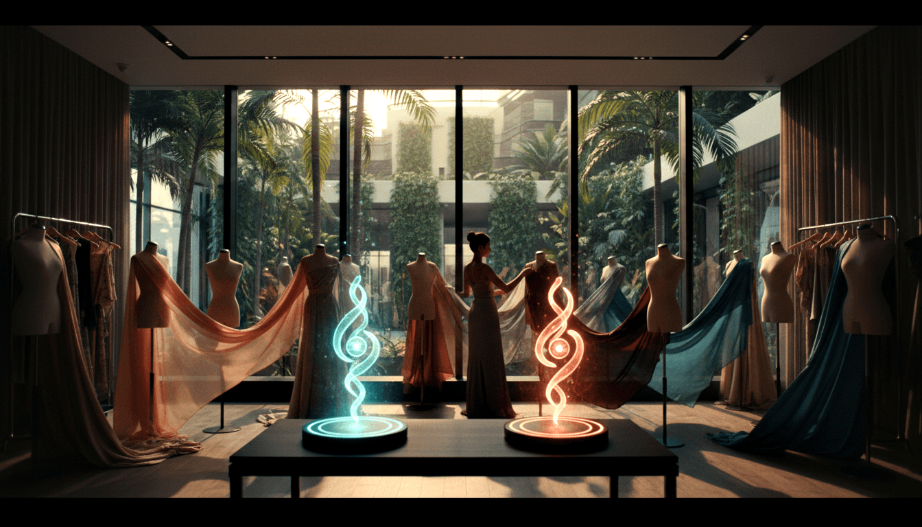 CGI showroom; woman in gown on platform holds pedestals emitting cyan and orange-red spiral columns; mannequins, racks, tropical view.