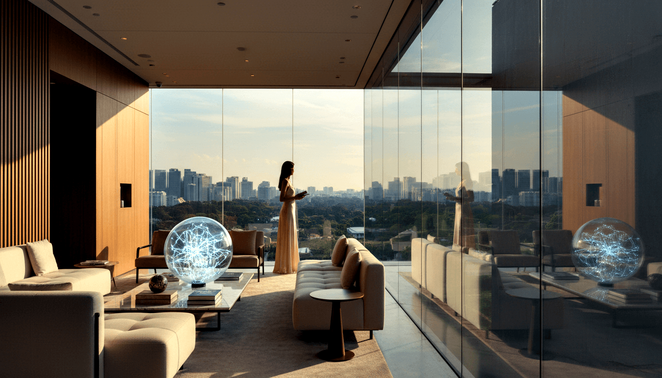 High-floor living room with glass walls; woman in cream gown holds tablet at window; glowing sphere on marble coffee table.