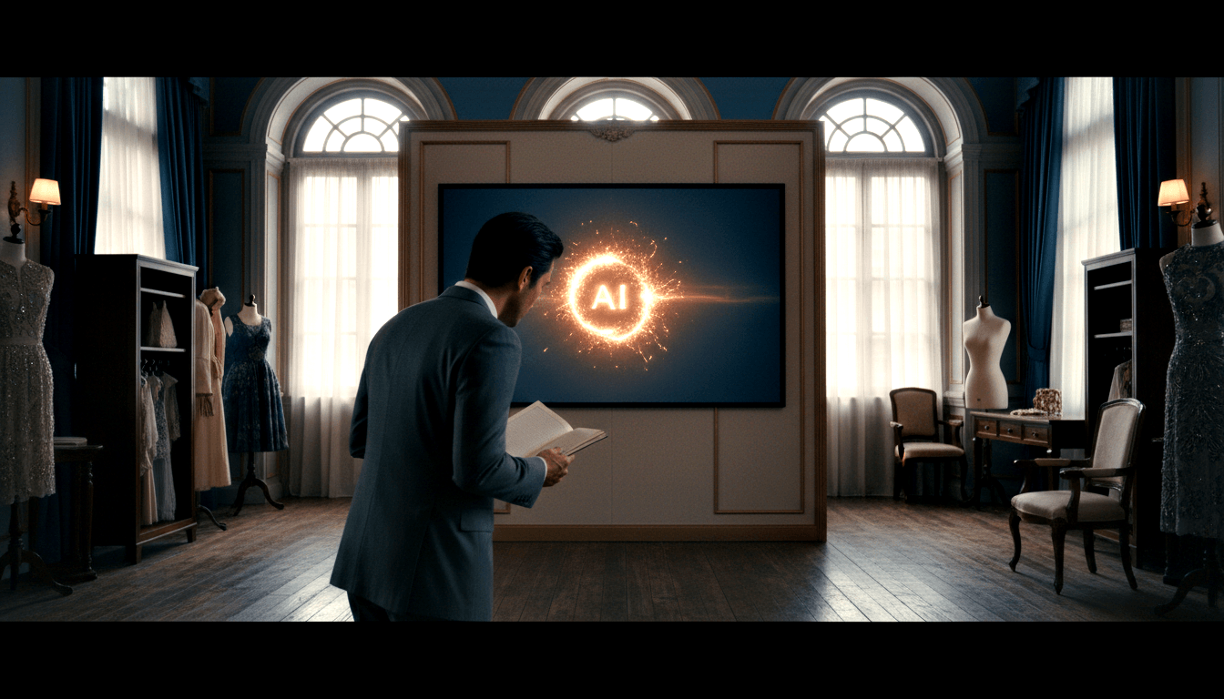 Man in gray suit, rear view, holds open document before large screen showing glowing fiery 'AI' text, in a room with mannequins in formal gowns.