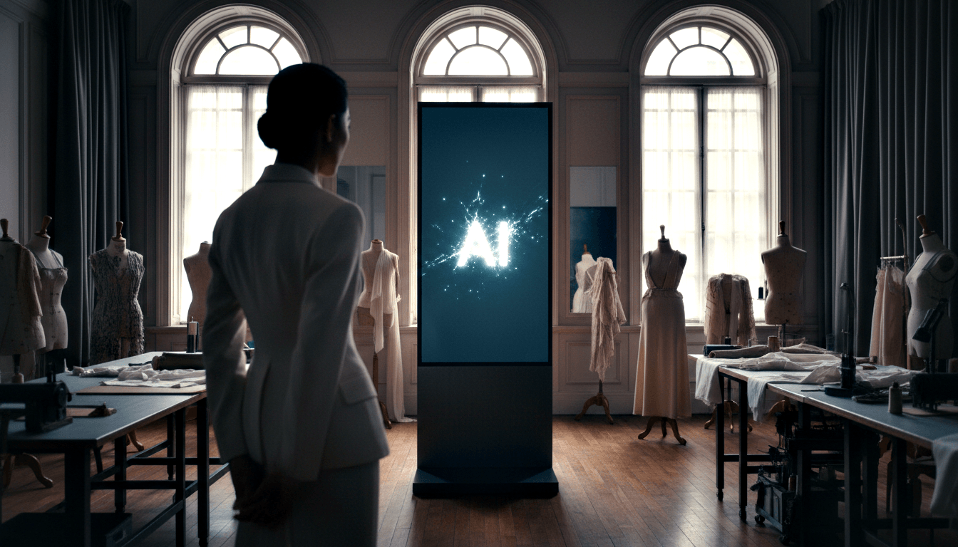 Woman in white blazer, back to viewer, faces a digital kiosk displaying glowing cyan 'AI' text in a fashion atelier with mannequins.