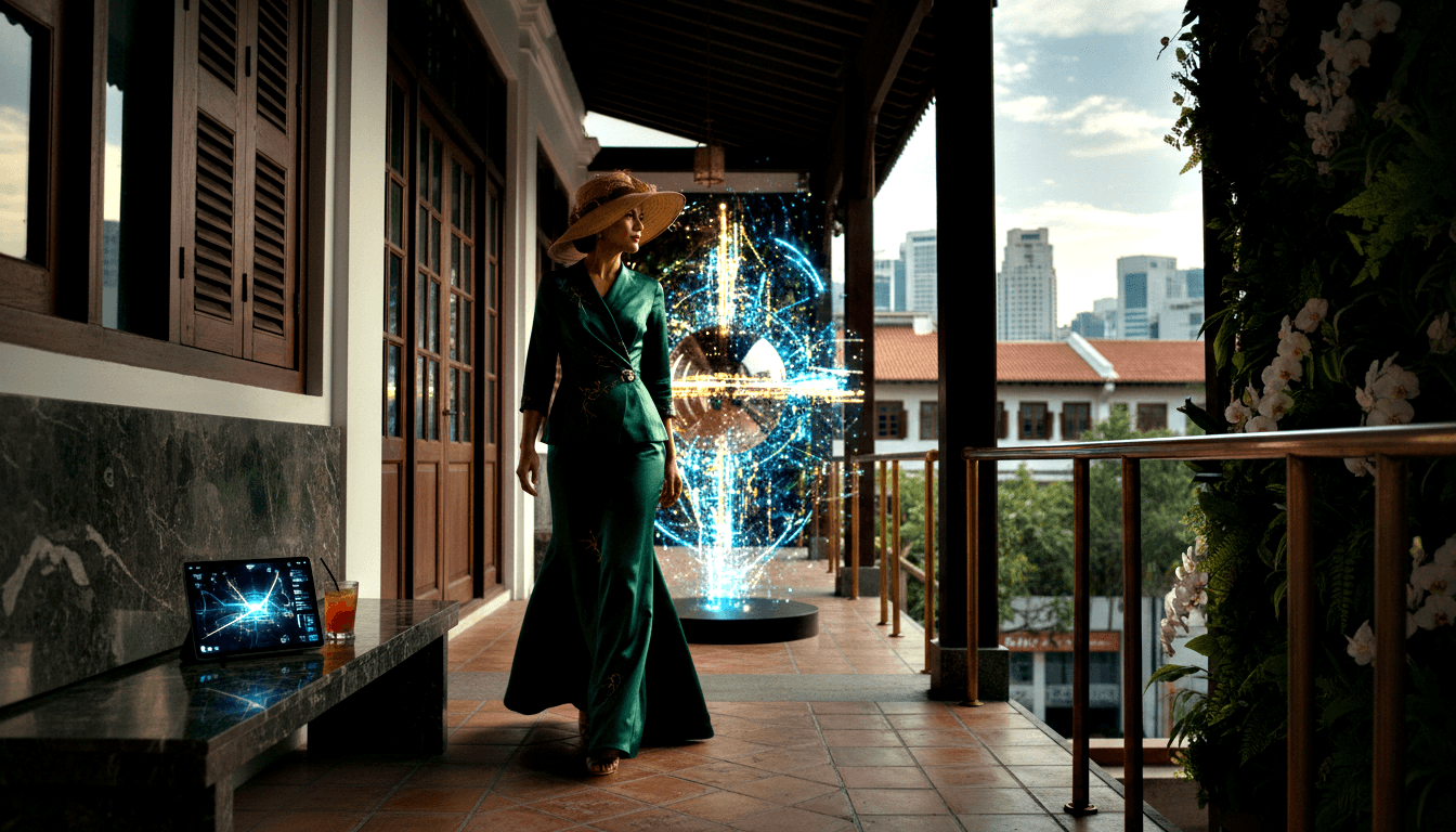 Tall woman in emerald satin wrap and wide-brimmed hat on colonial veranda; holographic orb emits blue, white, gold streams behind her.