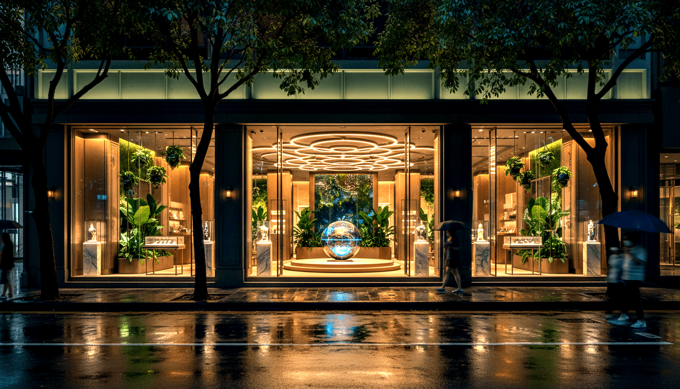 Glowing blue-white spherical sculpture on marble platform flanked by glass display windows with warm amber interiors at night.