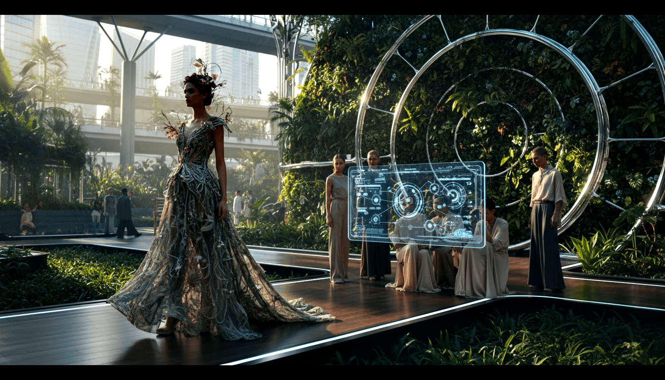 Model in trailing tendril gown and botanical-mechanical headpiece on dark runway; spiral metal arch and cyan holographic UI panel at right.