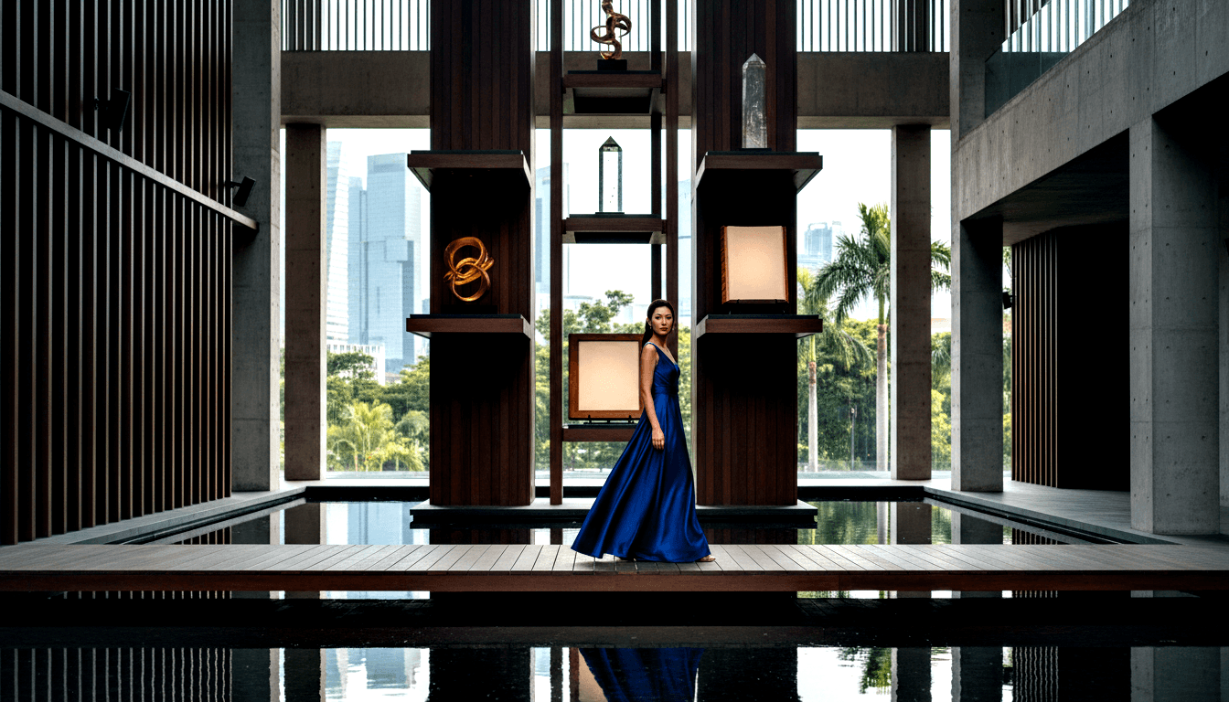 Woman in royal blue satin V-neck gown on wooden walkway with reflective pools, dark wood screens, and pedestal decor.