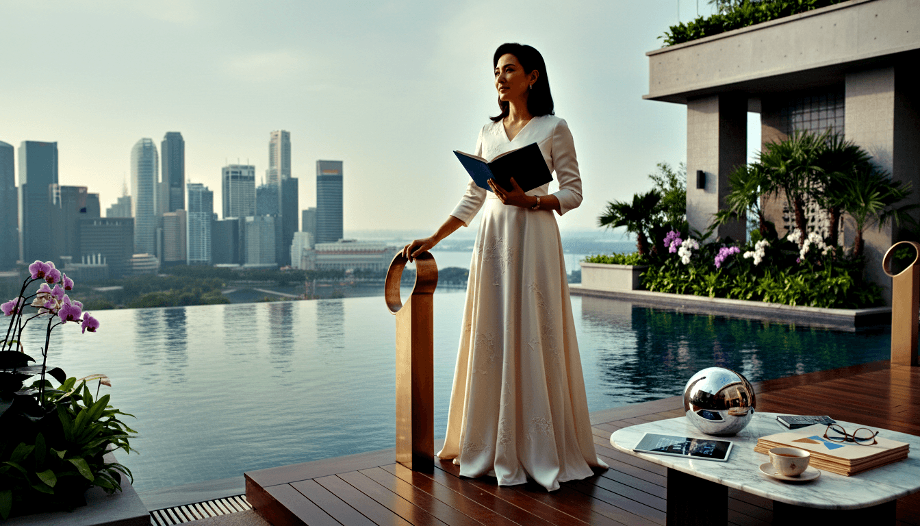 Woman in cream embroidered floor-length gown holds open hardcover book on rooftop terrace with infinity pool and urban waterfront skyline.