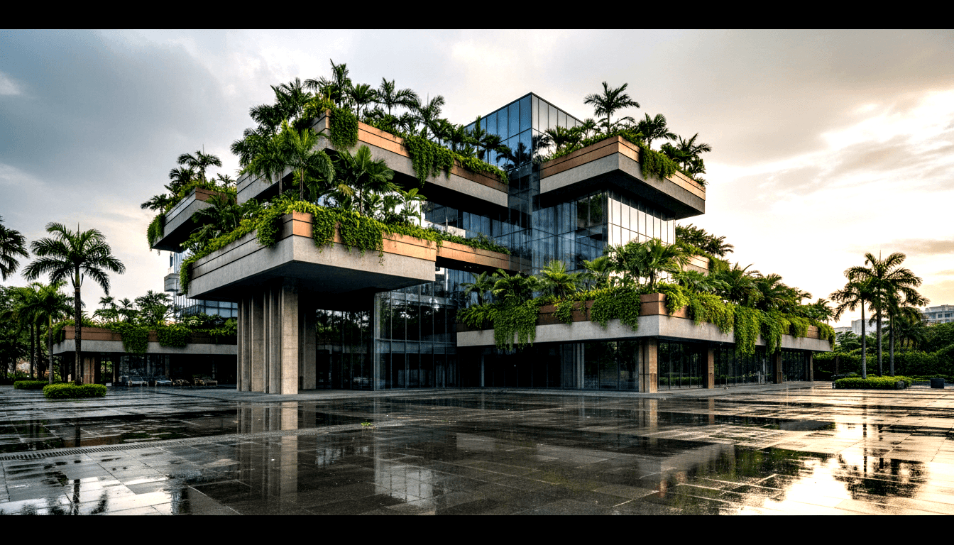 Multi-story building with cantilevered slabs, glass walls, and tropical vegetation on every terrace; reflected in wet dark-tiled plaza.