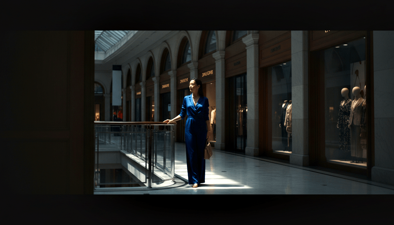 Woman in royal blue wide-leg satin jumpsuit on ornate indoor arcade gallery, hand on railing, holding nude clutch.