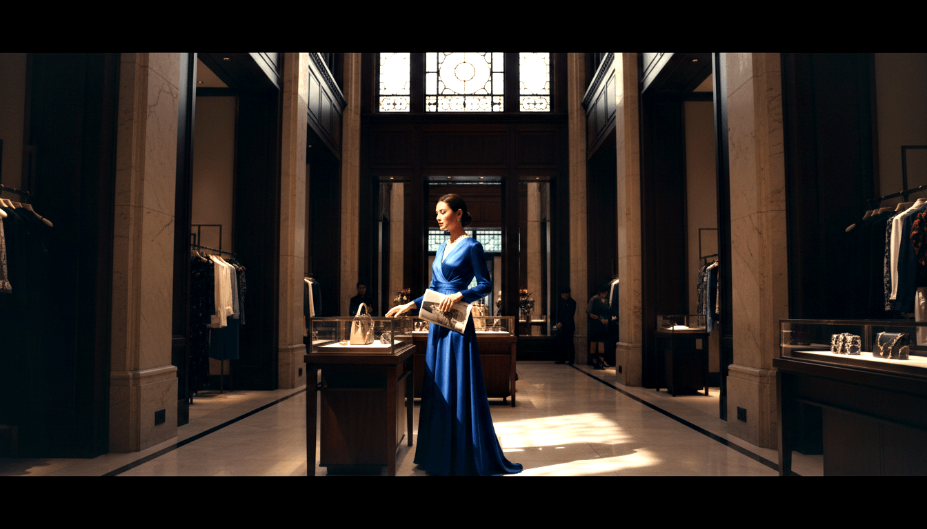 Woman in royal blue floor-length gown holds magazine at glass display case in boutique with marble columns and dark wood cases.