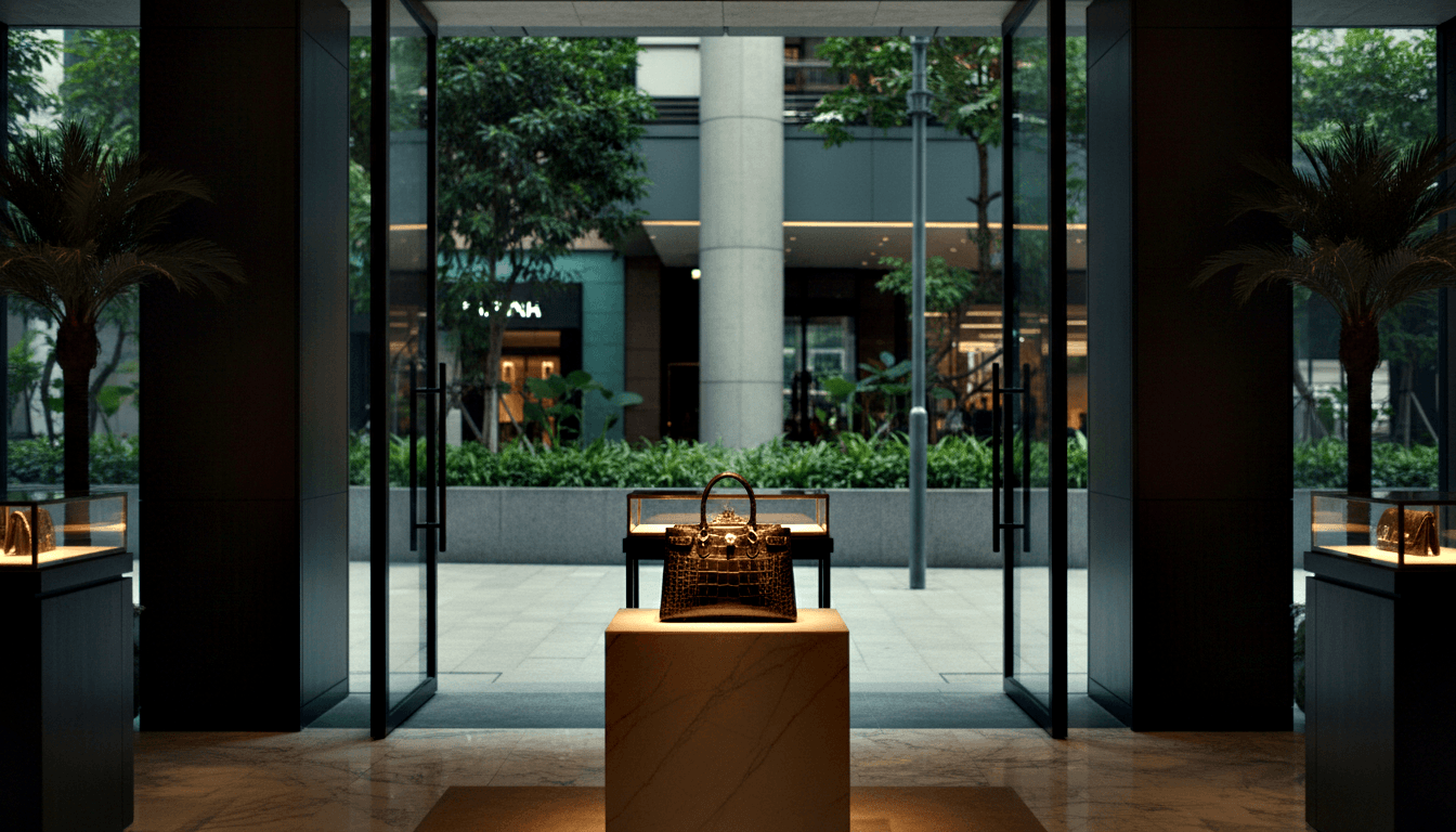 Dark brown crocodile-textured handbag on an illuminated pedestal inside a glass display case with palm trees and a courtyard beyond.