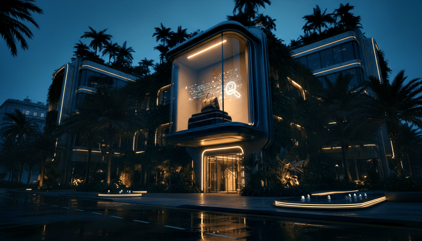 CGI futuristic building facade at night; curved glass window shows dark pyramid, holograms, amber LED strips, wet plaza.