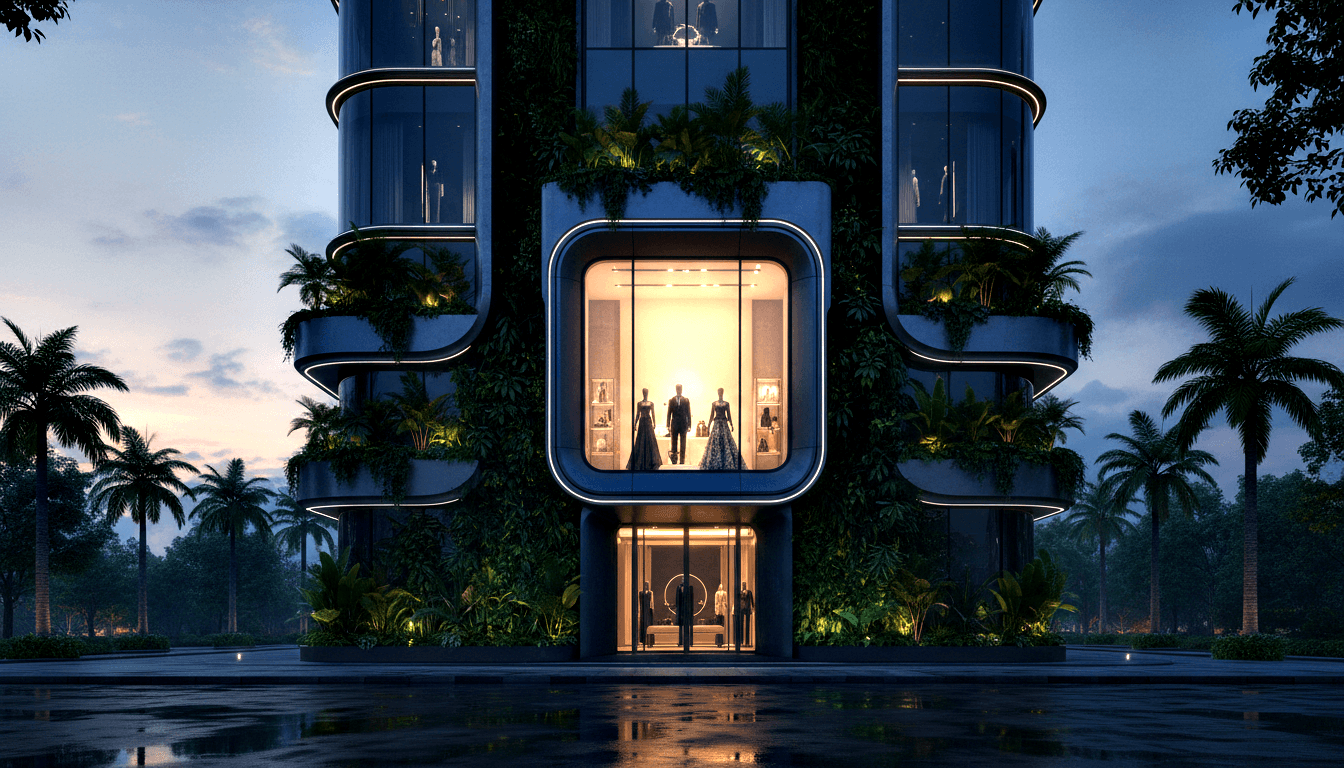 CGI render of multi-story retail building at twilight with amber-lit display window, mannequins, curved balconies, and living green walls.