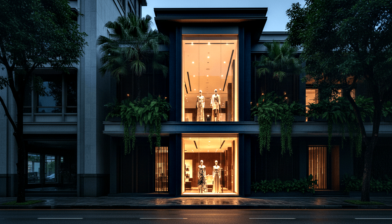 Two-story navy and metallic boutique facade with amber-lit display windows showing mannequins in formal wear, flanked by palm trees at dusk.