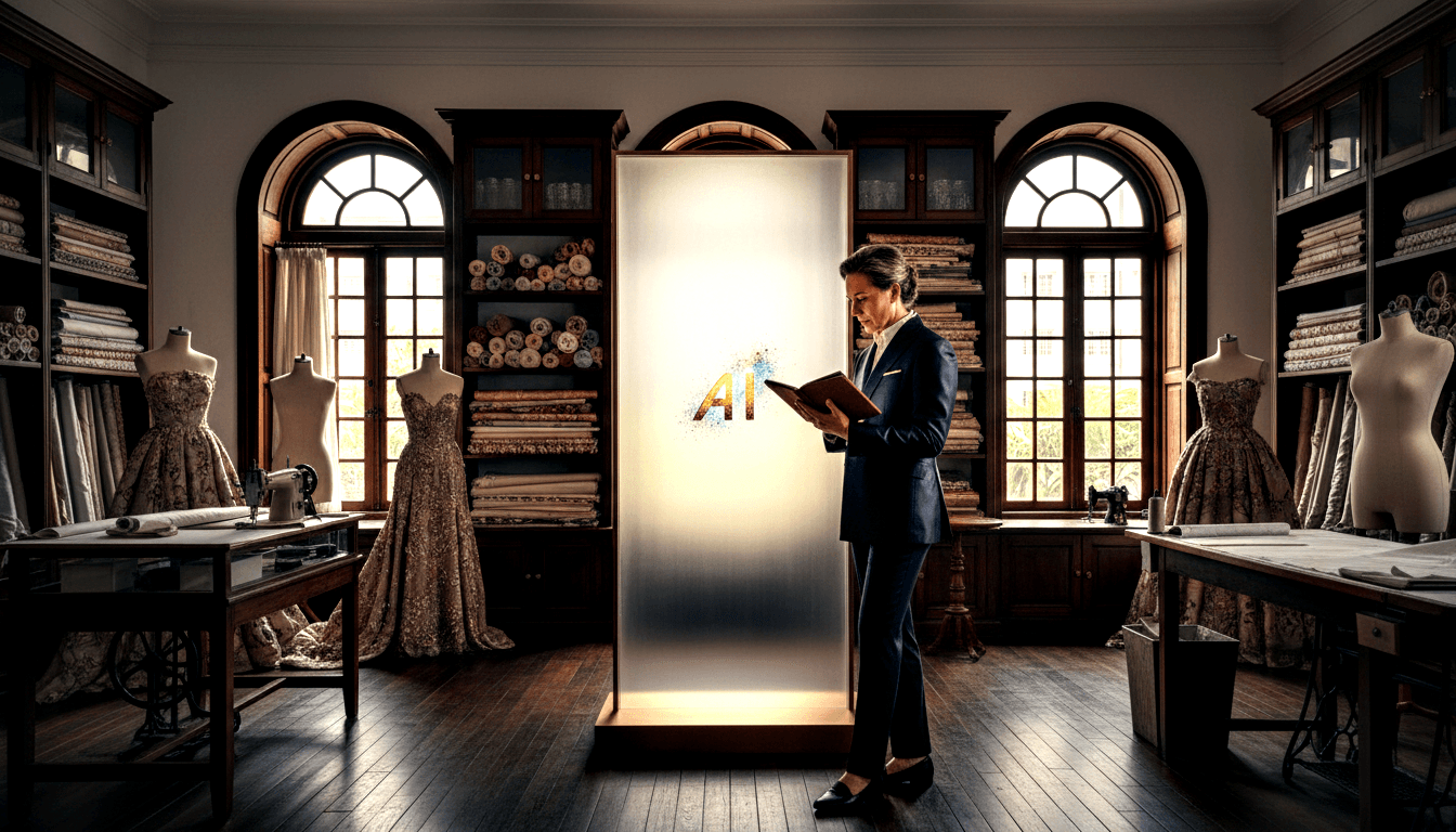 Person in navy suit beside illuminated 'AI' golden pixelated panel in atelier with mannequins and fabric bolts.
