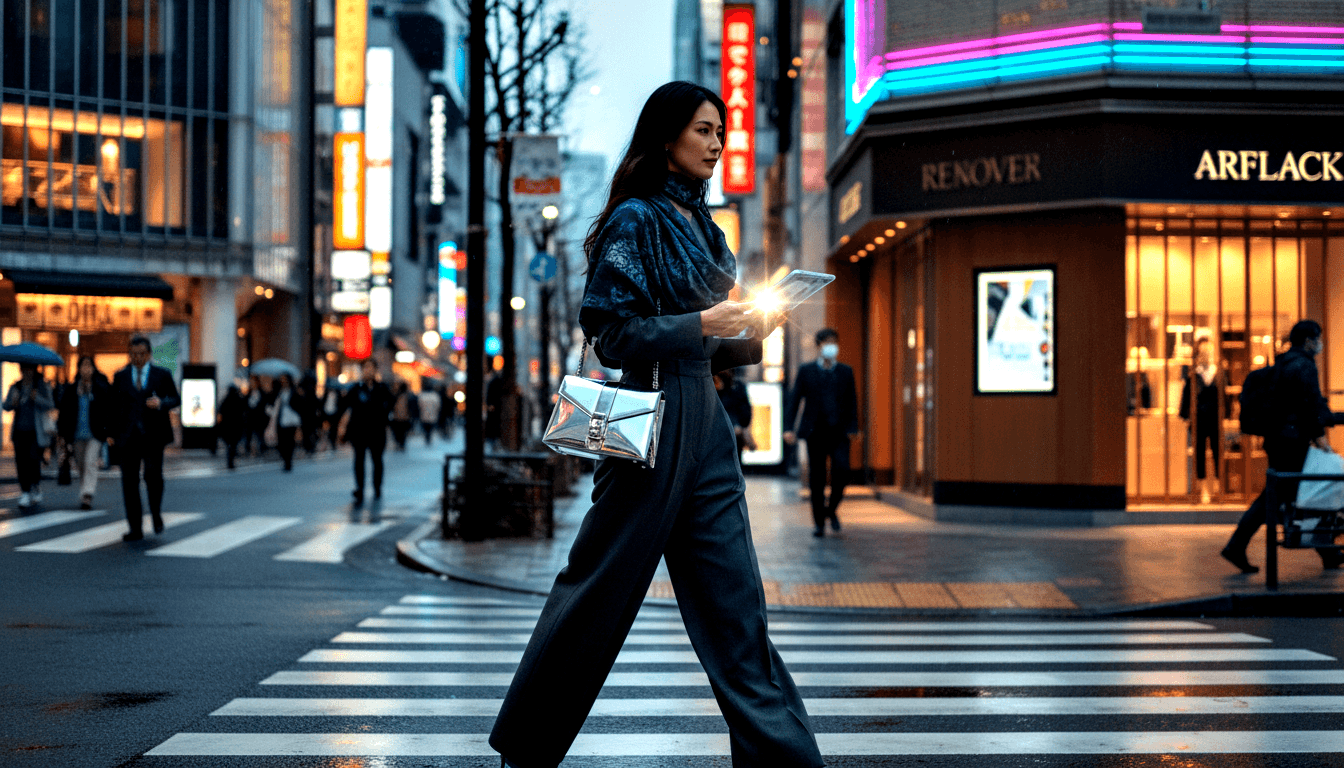 Dark-haired woman in navy attire crossing a wet zebra crosswalk at dusk, holding a glowing object, silver crossbody bag at her side.