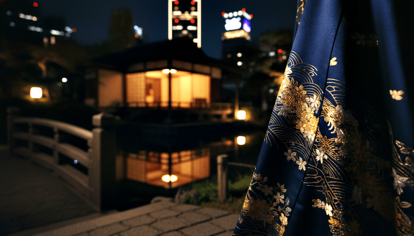 Deep navy textile with gold and white floral embroidery before a glowing garden pavilion reflected in a pond, with an urban skyline behind.