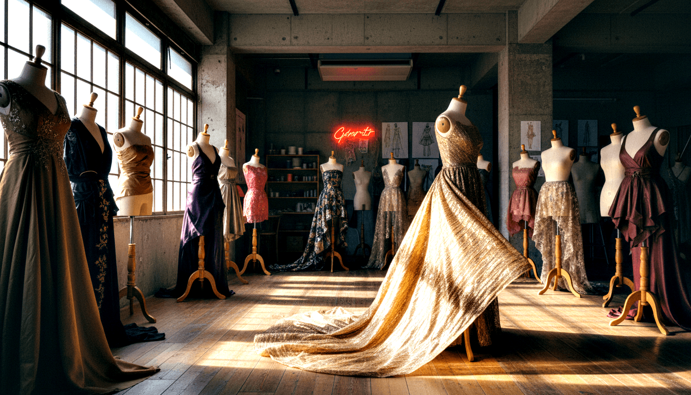 CGI atelier with wooden dress forms in a row; central gold metallic gown with long sweeping train, navy gowns left, burgundy gowns right.