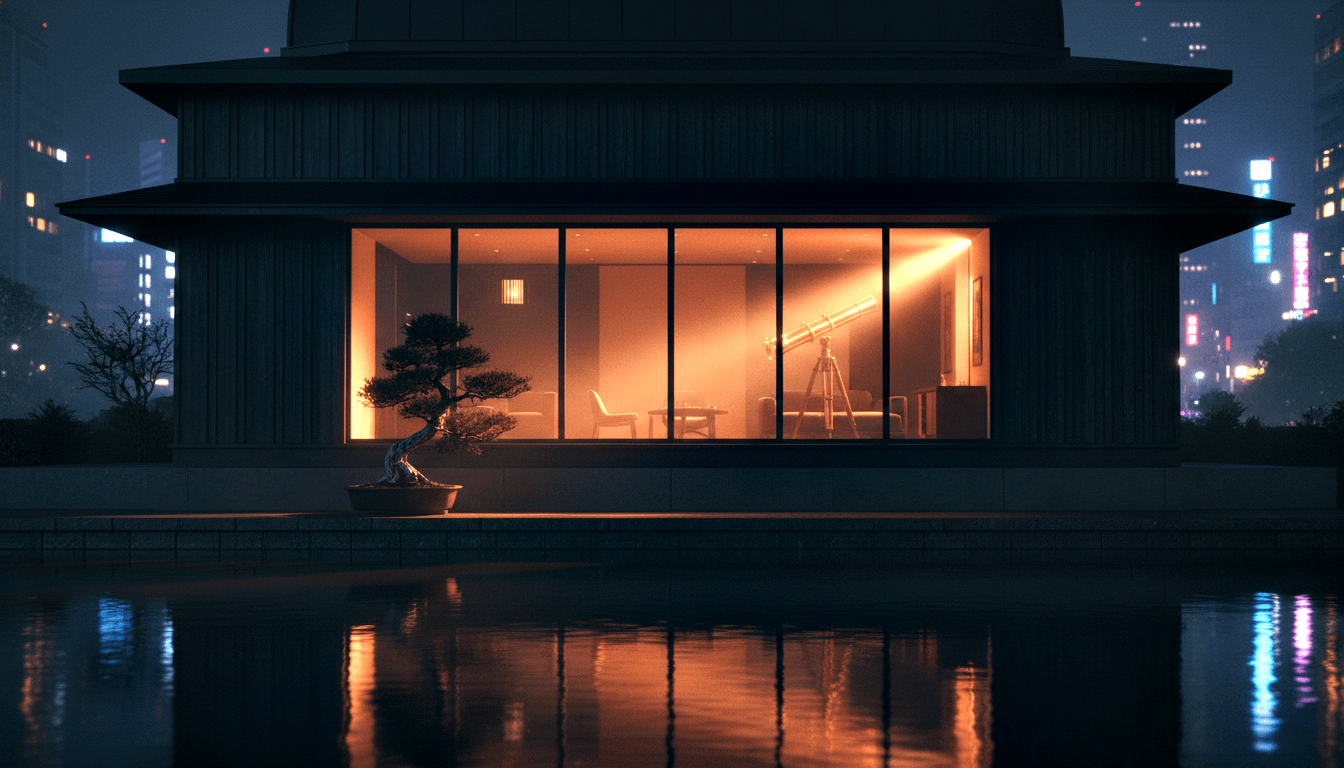 CGI night scene: glass pagoda-roofed building, amber-lit interior with seating and telescope, bonsai foreground, reflective pool.