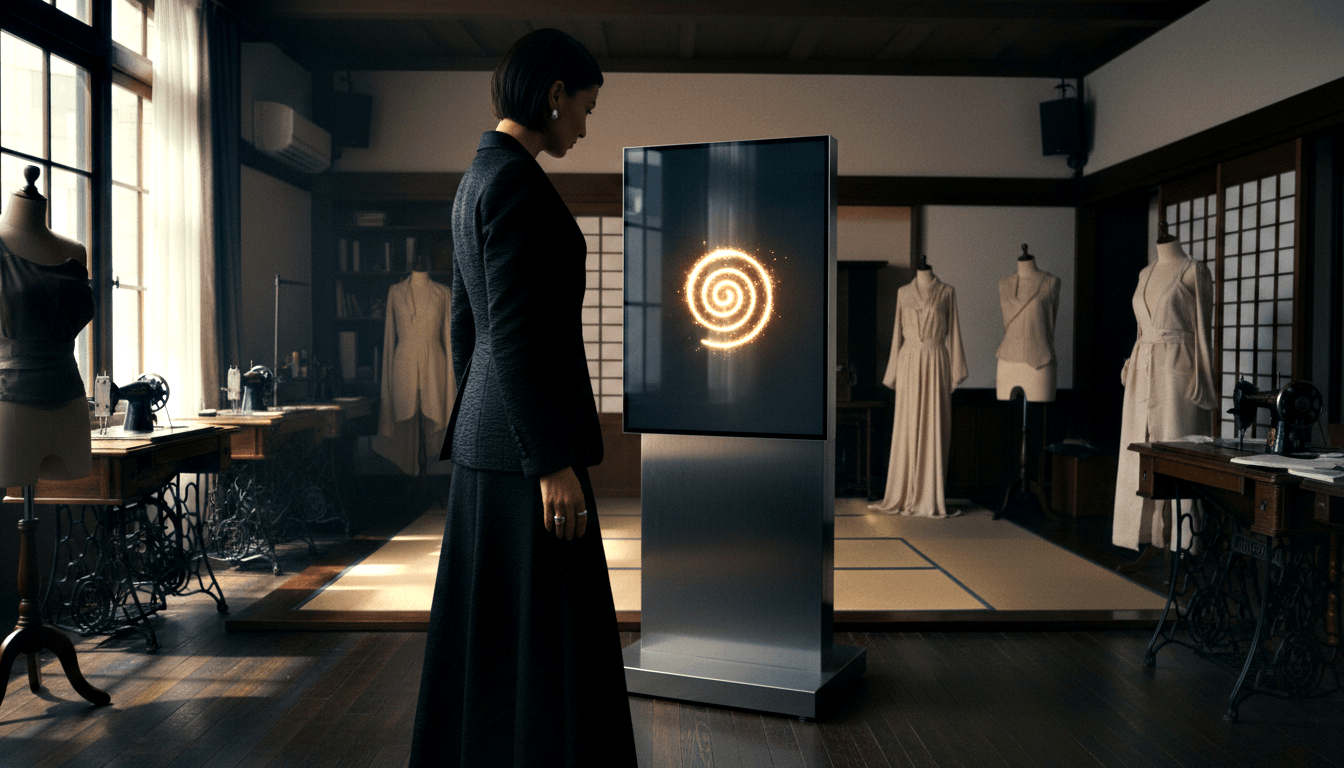 Woman in dark blazer gazes at a tall digital kiosk displaying a glowing golden spiral in a room with tatami mats.