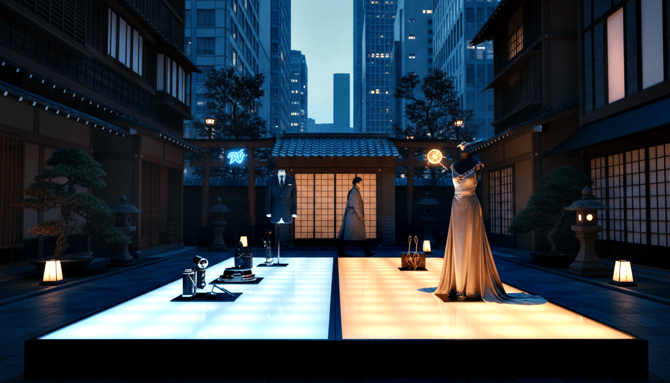 Two headless mannequins flank a glowing CGI runway; dark suit left, silver gown right, stone lanterns and traditional buildings alongside.