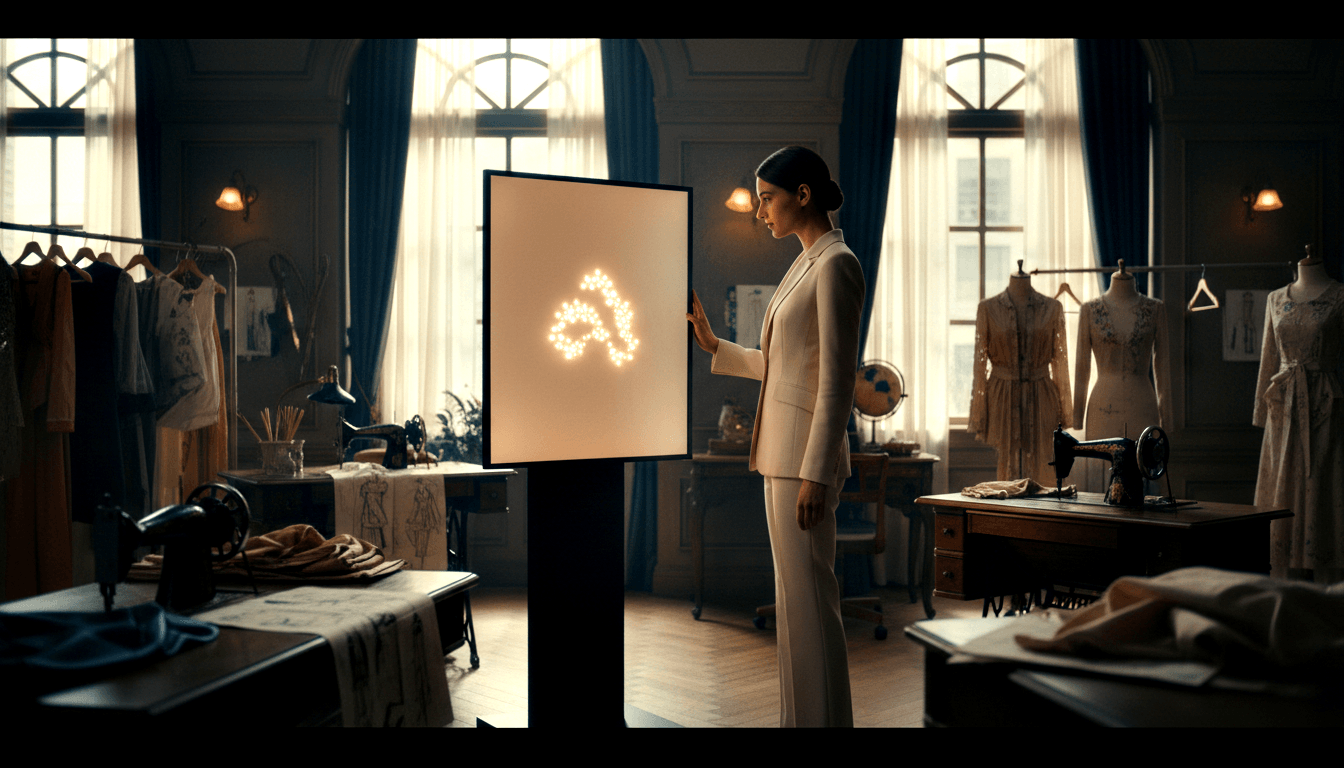 Woman in cream pantsuit raises arm toward glowing dot-letter panel in dim studio with mannequins and sewing machines.