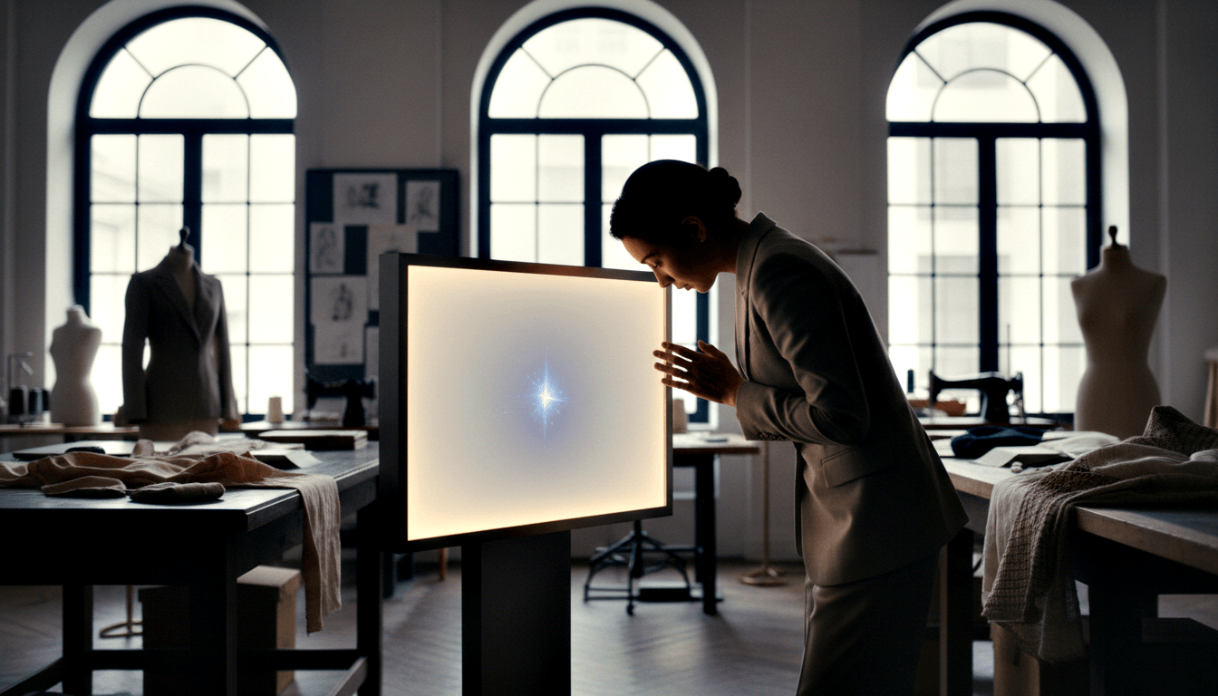 Dark-haired person in gray-olive blazer leans toward a large illuminated freestanding light panel with a radiant star-like center.
