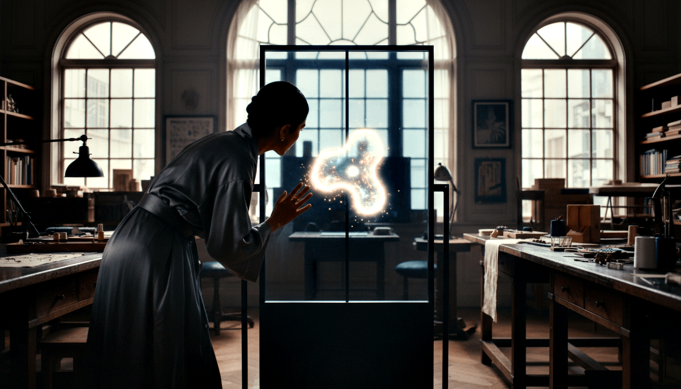 Dark-haired person in charcoal robe extends hand toward tall black-framed glass panel containing a glowing three-lobed form amid particle sparks.