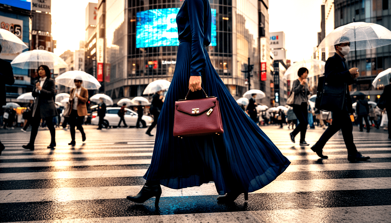 Woman mid-stride in navy pleated maxi skirt carrying burgundy leather bag on wet crosswalk, crowd with dome umbrellas and tall buildings behind.