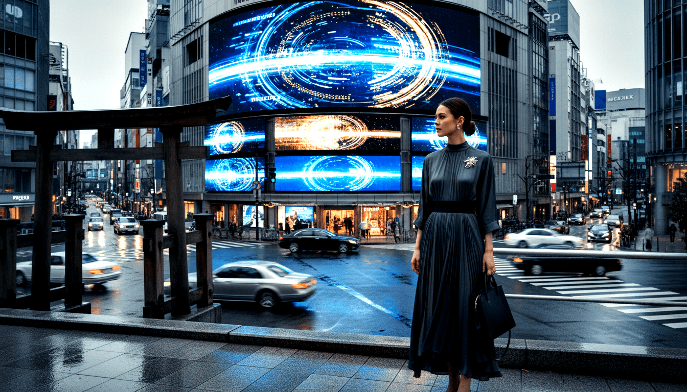 Woman in dark navy pleated midi dress with brooch, carrying handbag, stands at wet urban intersection with motion-blurred traffic.